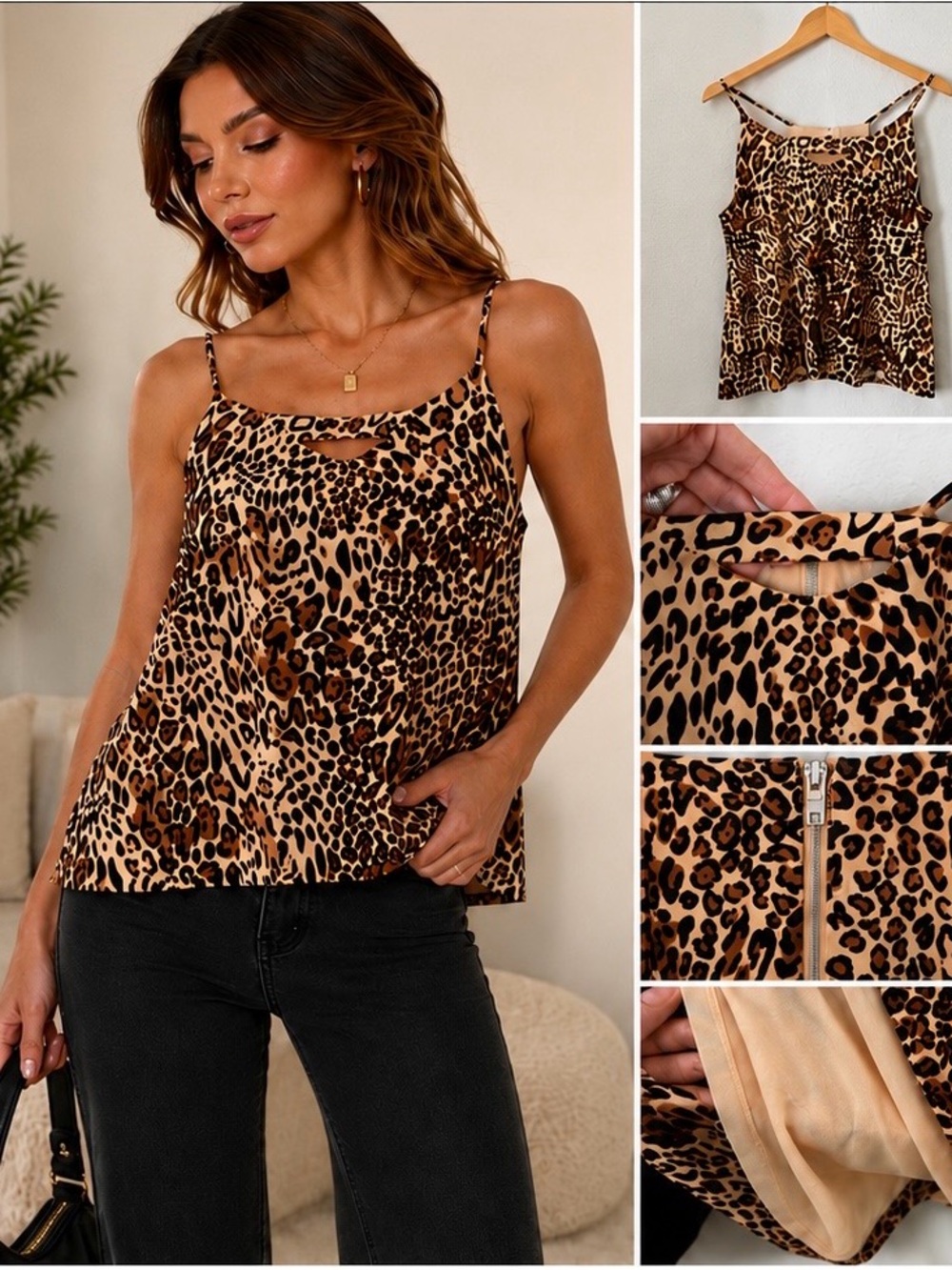 Bar III Leopard Print Swing Tank Top L Keyhole Neck Sleeveless Blouse size L